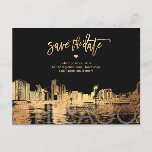 Carte Postale Faire-part PixDezines/Chicago Enregistrer la date/Faux Gold (Devant)