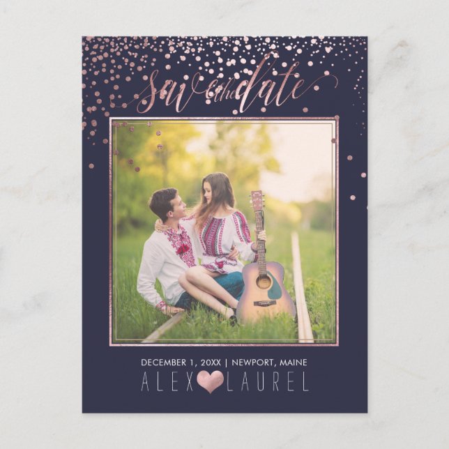 Carte Postale Faire-part PixDezines Enregistrer la date/Faux Rose Gold Conf (Devant)