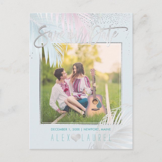 Carte Postale Faire-part PixDezines Enregistrer la date/Palms/Platinum+Aqua (Devant)