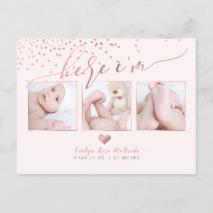 Carte Postale Faire-part PixDezines Faux Rose Gold Confetti/Birth Annonce