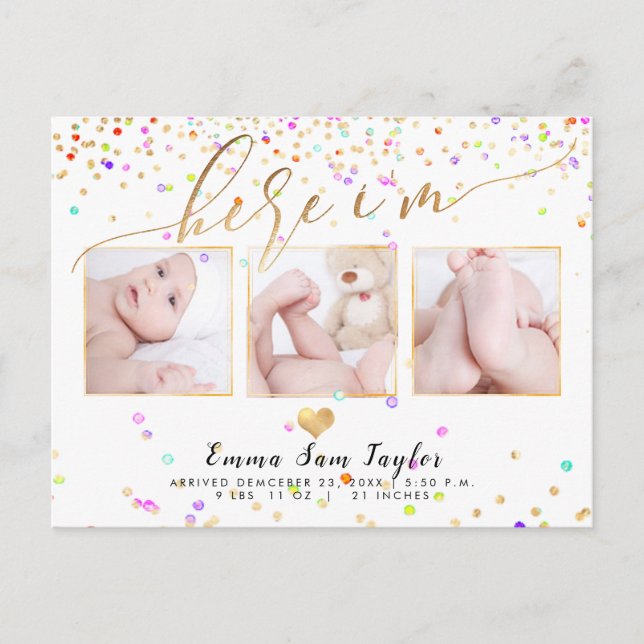 Carte Postale Faire-part PixDezines Ici je suis annonce de naissance/Confet (Devant)