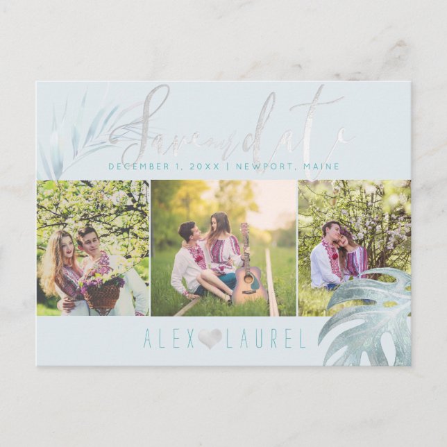 Carte Postale Faire-part PixDezines Palms Sauver notre Date/Platinum+Aqua (Devant)
