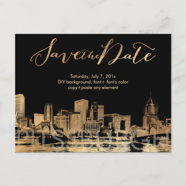 Carte Postale Faire-part PixDezines/Save Date/Faux Gold/Pittsburgh Skyline (Devant)