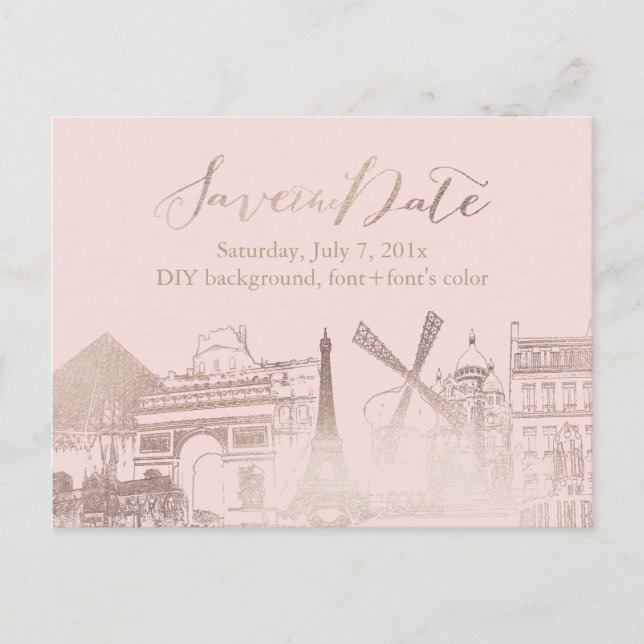 Carte Postale Faire-part PixDezines/Save Date/Faux Pink Gold/Paris Sketched (Devant)