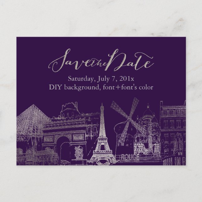 Carte Postale Faire-part PixDezines/Save Date/Faux Silver/Paris Sketched (Devant)
