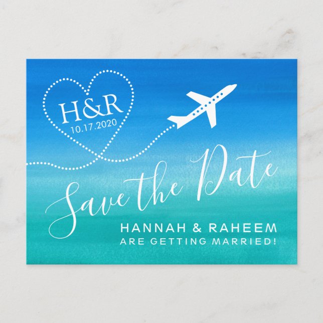 Carte Postale Faire-part Plage Mariage Turquoise Blue Ombre Enregistrer la  (Devant)