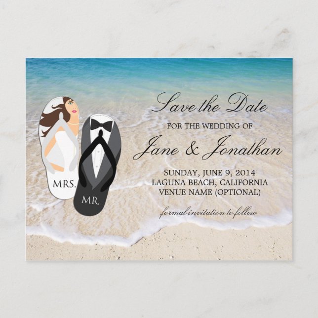 Carte Postale Faire-part Plage Océan "M. et Mme" "Save the date" pour maria (Devant)