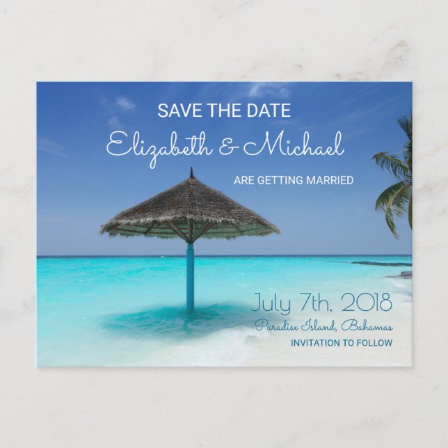 Carte Postale Faire-part Plage tropicale avec Mariage parapluie en chaume S (Devant)