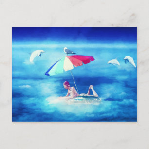 Carte Postale Faire-part Plage tropicale fille d'été vacances aquarelle