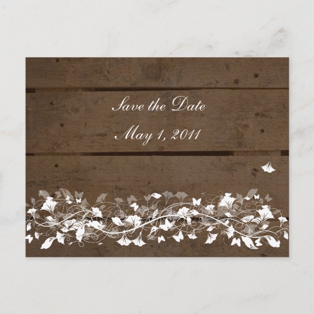 Carte Postale Faire-part Planches de bois Floral Économisez la date (Devant)