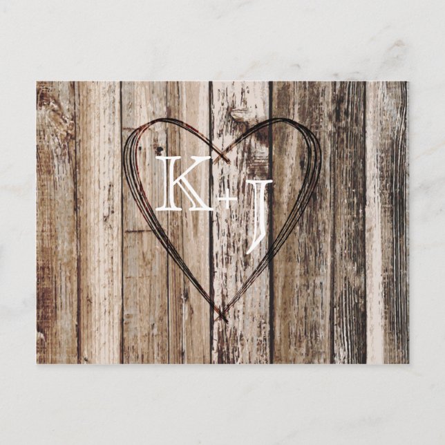 Carte Postale Faire-part Planches de bois rustiques avec coeur gravé Enregi (Devant)