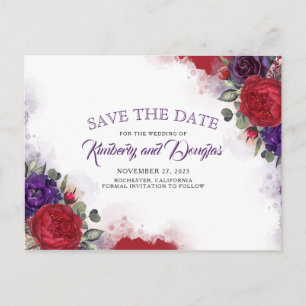 Carte Postale Faire-part Plum Purple et Bourgogne Rouge Floral Enregistrer 