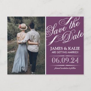 Carte Postale Faire-part Plum Purple Vintage Script Photo Enregistrer la da