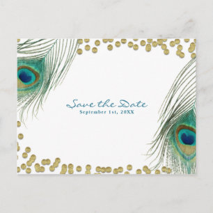Carte Postale Faire-part Plumes de paon & Or Boho Glam Enregistrez la date