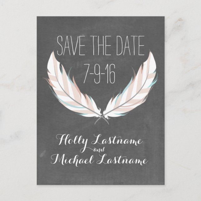 Carte Postale Faire-part Plumes + Mariage en tableau noir Enregistrer la da (Devant)