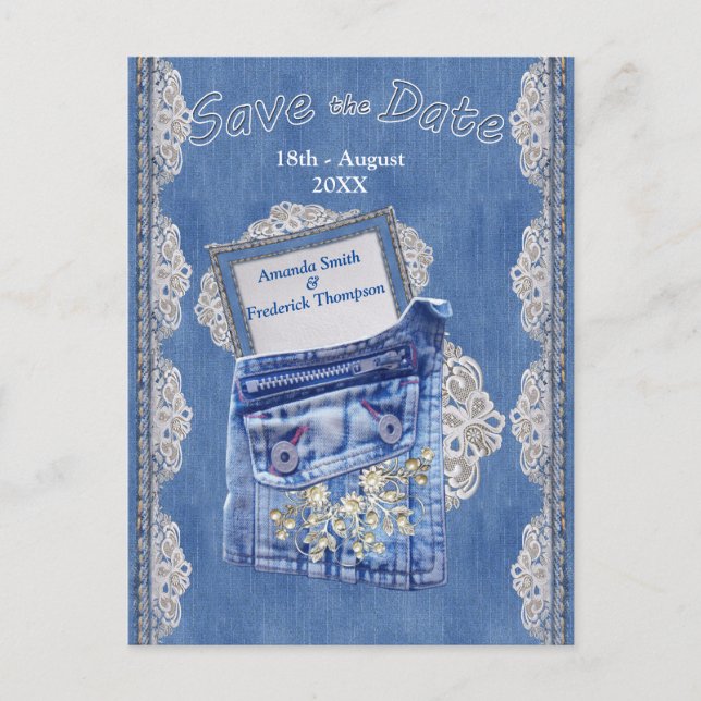 Carte Postale Faire-part Poche Denim avec dentelle de fleur de crème (Devant)