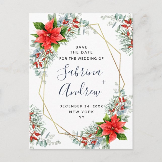 Carte Postale Faire-part Poinsettia Eucalyptus Mariage de pin Enregistrer l (Devant)