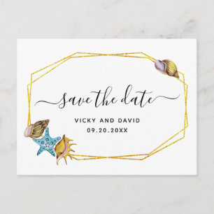 Carte Postale Faire-part Polygone en feuille d'or, coquillages mariage Enre