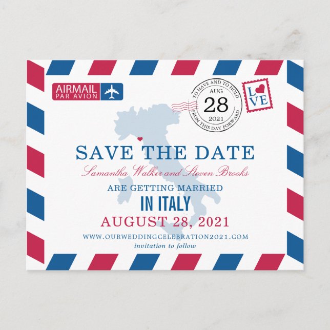 Carte Postale Faire-part Portovenere Italie Red Blue Airmail Enregistrer La (Devant)