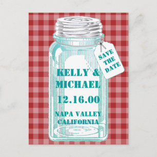 Carte Postale Faire-part Pot de conservation vintage à motif gingham rouge