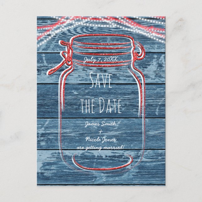 Carte Postale Faire-part Pot Mason Jar & Lumières Rouge Blanc & Bleu Save T (Devant)