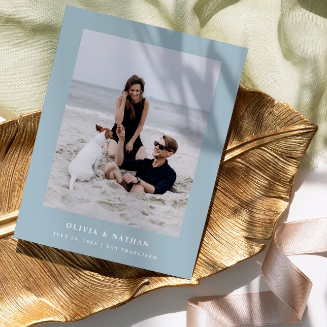 Carte Postale Faire-part Poudre bleu Élégant Texte et photo | Enregistrer l (Créateur téléchargé)