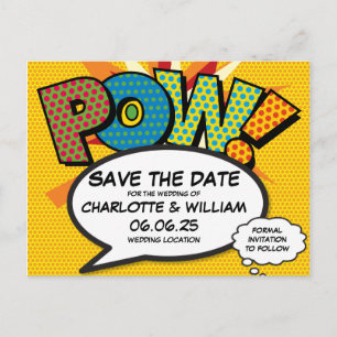 Carte Postale Faire-part POW Enregistrer la date Fun Retro Comic Book Pop A