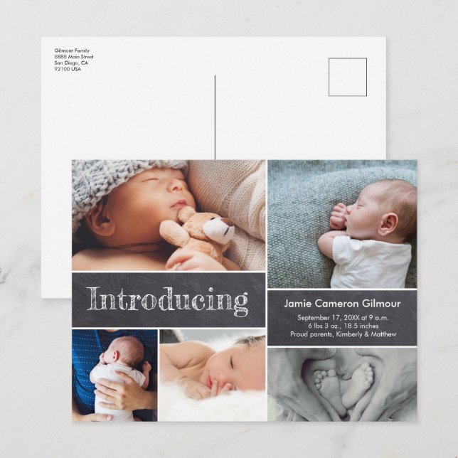 Carte Postale Faire-part Présentation simple de plusieurs photos de bébé su (Devant / Derrière)