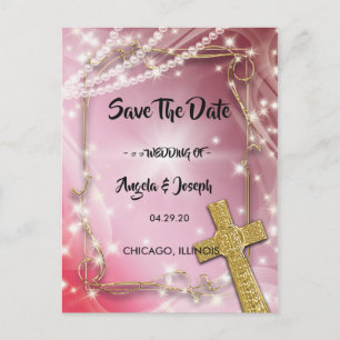 Carte Postale Faire-part Pretty Pink Pearl Cross Enregistrer la date