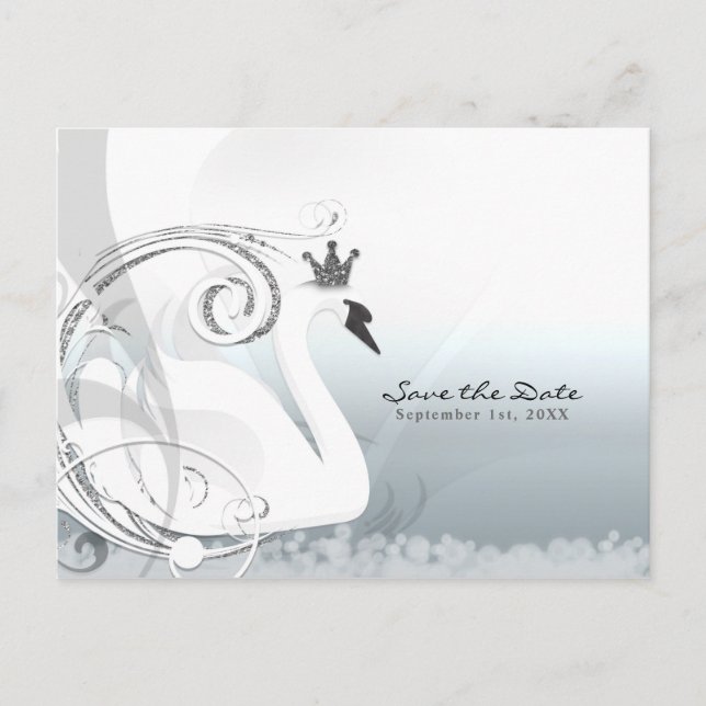 Carte Postale Faire-part Princesse Cygne Argent & Blanc Save the Date (Devant)