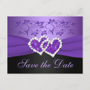 Carte Postale Faire-part Purple Black Floral Hearts Enregistrer la date Car