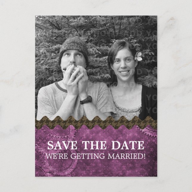 Carte Postale Faire-part Purple Chic Steampunk Photo Enregistrer la date Ca (Devant)