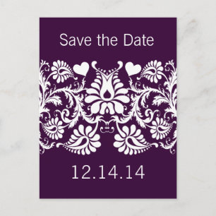 Carte Postale Faire-part Purple Damask Enregistrer la date