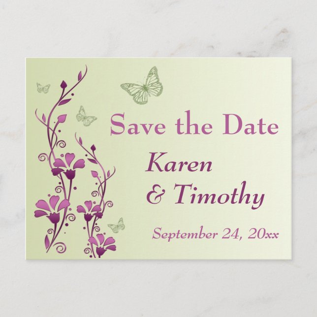 Carte Postale Faire-part Purple, Flore verte, Papillons Sauvez la date (Devant)