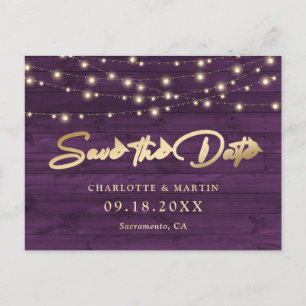 Carte Postale Faire-part Purple Rustic Bois Éclairages Enregistrer La Date