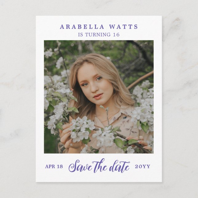 Carte Postale Faire-part Purple Script Sweet 16 Photo Enregistrer la date (Devant)