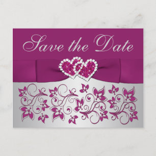 Carte Postale Faire-part Purple, Silver Grey Floral Enregistrer la date Car