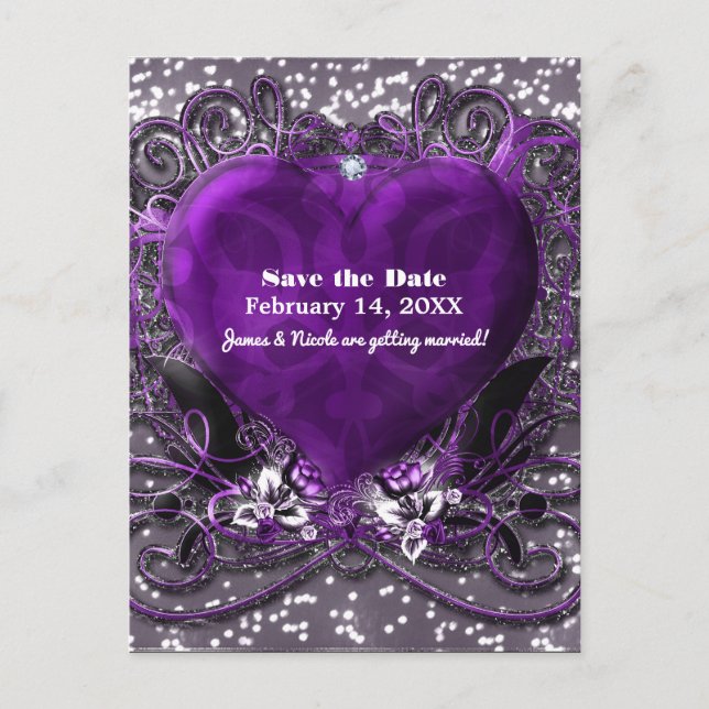 Carte Postale Faire-part Purple & Silver Heart Sparkle Enregistrer La Date  (Devant)