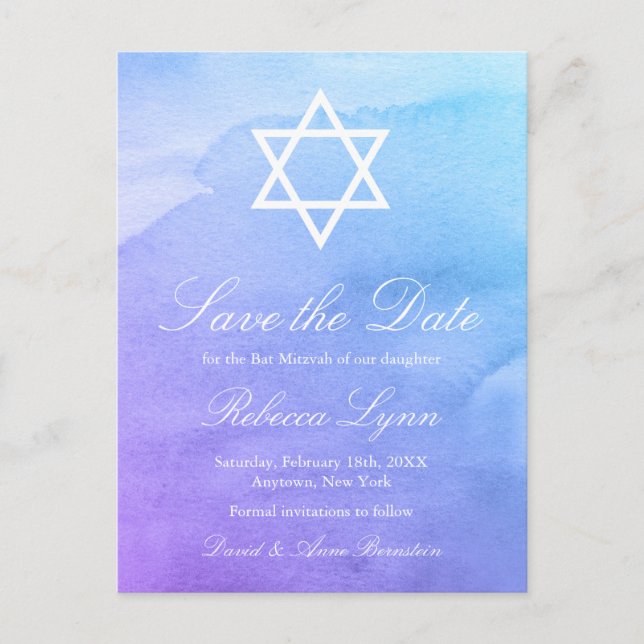 Carte Postale Faire-part Purple | Teal Watercolor Bat Mitzvah Enregistrer l (Devant)