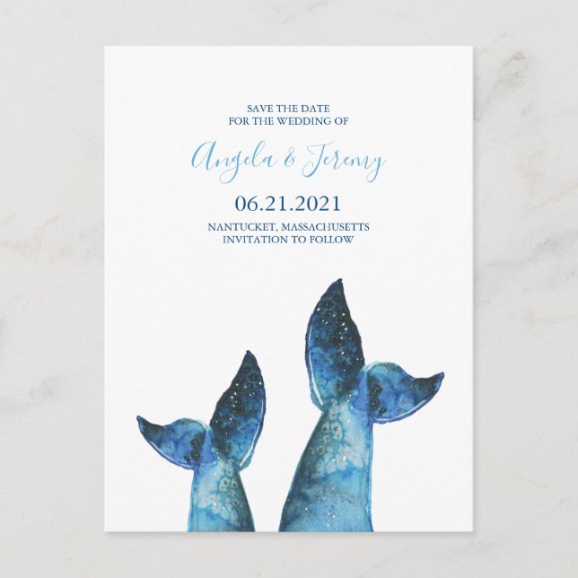 Carte Postale Faire-part Queue de baleine bleue aquarelle Save the Date (Devant)