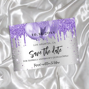 Carte Postale Faire-part Quinceanera argent violet ballons enregistrer la d