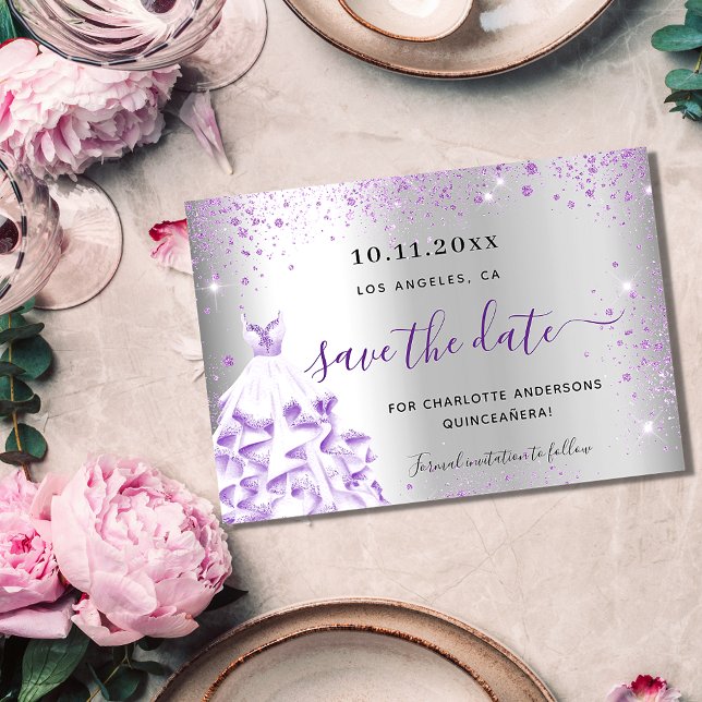 Carte Postale Faire-part Quinceanera argent violet paillettes enregistrer l (Créateur téléchargé)