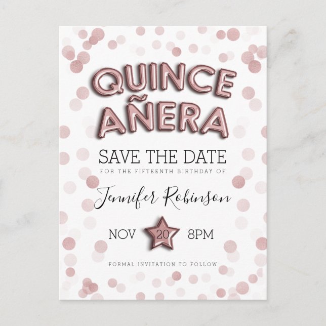 Carte Postale Faire-part Quinceanera Enregistrer La Date Ballons Rose Gold (Devant)