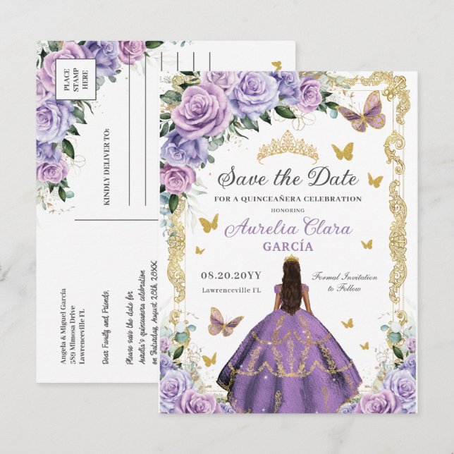 Carte Postale Faire-part Quinceañera Purple Lilac Rose Floral Gold Princess (Devant / Derrière)