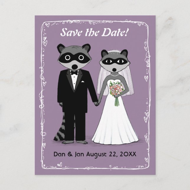 Carte Postale Faire-part Raccoons mariage Enregistrer la date violet (Devant)