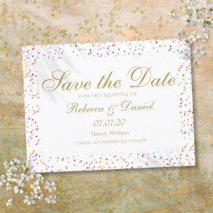 Carte Postale Faire-part Rainbow Confetti Gold Script Enregistrer la date