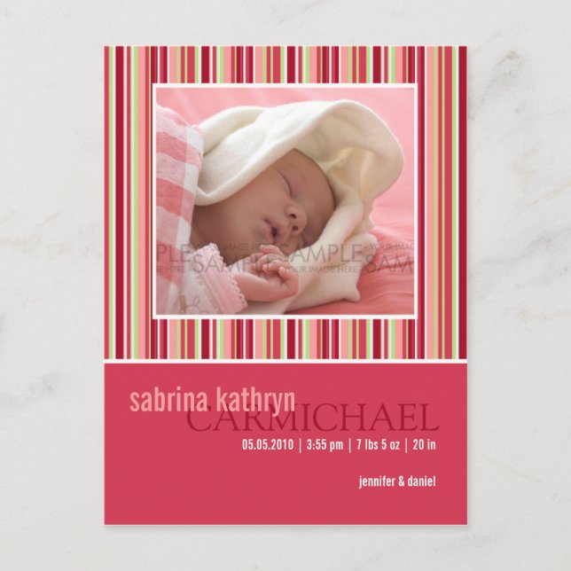 Carte Postale Faire-part Rayures d'Amaryllis Rose • Annonce de naissance (Devant)