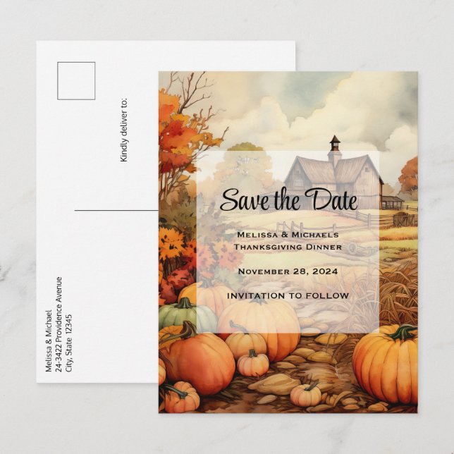Carte Postale Faire-part Récolte de citrouilles de la ferme en automne pour (Devant / Derrière)