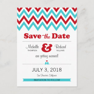 Carte Postale Faire-part Red Aqua Chevron & Lovebirds Sauvez la date