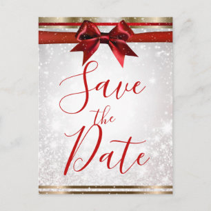 Carte Postale Faire-part Red Bow & Gold White Sparkle Holiday Enregistrer l
